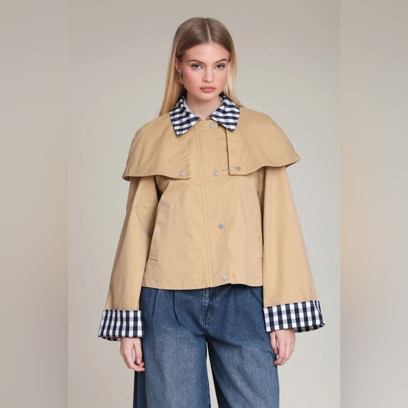 Avec Les Filles GINGHAM TRIM COTTON CAPE JACKET - Picture 2 of 5